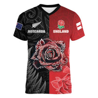 New Zealand And England Rugby Custom Women V-Neck T-Shirt Red Rose Mix Maori Pattern - Polynesian Pride