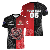 New Zealand And England Rugby Custom Women V-Neck T-Shirt Red Rose Mix Maori Pattern - Polynesian Pride