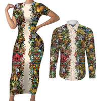 Hawaii And Japan Couples Matching Short Sleeve Bodycon Dress and Long Sleeve Button Shirt Tiki With Oni Mask LT05 Colorful - Polynesian Pride