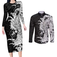 Hawaiian And Japanese Culture Couples Matching Long Sleeve Bodycon Dress and Long Sleeve Button Shirt Irezumi Dragon With Polynesian Pattern Black LT05 Black - Polynesian Pride