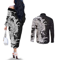 Hawaiian And Japanese Culture Couples Matching Off The Shoulder Long Sleeve Dress and Long Sleeve Button Shirt Irezumi Dragon With Polynesian Pattern Black LT05 - Polynesian Pride