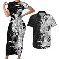Hawaiian And Japanese Culture Couples Matching Short Sleeve Bodycon Dress and Hawaiian Shirt Irezumi Dragon With Polynesian Pattern Black LT05 Black - Polynesian Pride