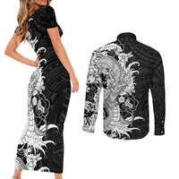 Hawaiian And Japanese Culture Couples Matching Short Sleeve Bodycon Dress and Long Sleeve Button Shirt Irezumi Dragon With Polynesian Pattern Black LT05 - Polynesian Pride