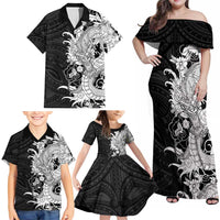 Hawaiian And Japanese Culture Family Matching Off Shoulder Maxi Dress and Hawaiian Shirt Irezumi Dragon With Polynesian Pattern Black LT05 - Polynesian Pride