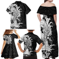 Hawaiian And Japanese Culture Family Matching Off Shoulder Maxi Dress and Hawaiian Shirt Irezumi Dragon With Polynesian Pattern Black LT05 - Polynesian Pride