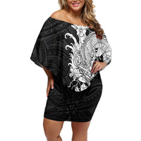 Hawaiian And Japanese Culture Off Shoulder Short Dress Irezumi Dragon With Polynesian Pattern Black LT05 Women Black - Polynesian Pride