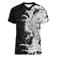 Hawaiian And Japanese Culture Women V-Neck T-Shirt Irezumi Dragon With Polynesian Pattern Black - Polynesian Pride