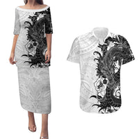 Hawaiian And Japanese Culture Couples Matching Puletasi and Hawaiian Shirt Irezumi Dragon With Polynesian Pattern White - Polynesian Pride