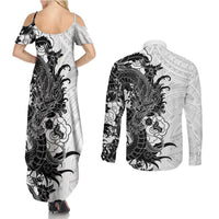 Hawaiian And Japanese Culture Couples Matching Summer Maxi Dress and Long Sleeve Button Shirt Irezumi Dragon With Polynesian Pattern White - Polynesian Pride