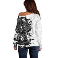 Hawaiian And Japanese Culture Off Shoulder Sweater Irezumi Dragon With Polynesian Pattern White LT05 - Polynesian Pride