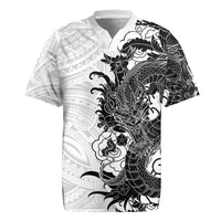 Hawaiian And Japanese Culture Rugby Jersey Irezumi Dragon With Polynesian Pattern White - Polynesian Pride