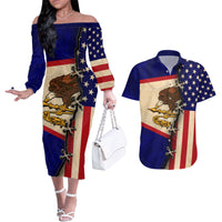 American Samoa Flag Day Couples Matching Off The Shoulder Long Sleeve Dress and Hawaiian Shirt Polynesian Tribal Pattern LT05 Blue - Polynesian Pride