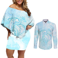 Polynesia Dolphins Under The Sea Couples Matching Off Shoulder Short Dress and Long Sleeve Button Shirt Simple Style LT05 Baby Blue - Polynesian Pride