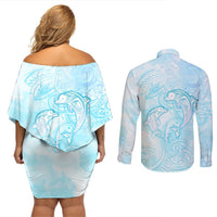 Polynesia Dolphins Under The Sea Couples Matching Off Shoulder Short Dress and Long Sleeve Button Shirt Simple Style LT05 - Polynesian Pride