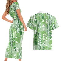 Green Hawaii Tapa Pattern Couples Matching Short Sleeve Bodycon Dress and Hawaiian Shirt With Heliconia Vintage Style
