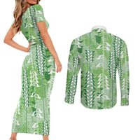 Green Hawaii Tapa Pattern Couples Matching Short Sleeve Bodycon Dress and Long Sleeve Button Shirt With Heliconia Vintage Style