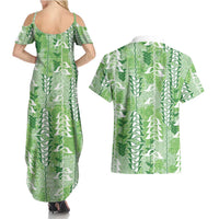 Green Hawaii Tapa Pattern Couples Matching Summer Maxi Dress and Hawaiian Shirt With Heliconia Vintage Style