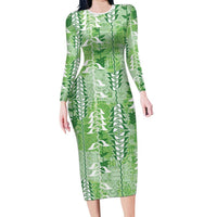 Green Hawaii Tapa Pattern Family Matching Long Sleeve Bodycon Dress and Hawaiian Shirt With Heliconia Vintage Style LT05 Mom's Dress Green - Polynesian Pride