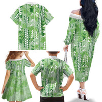 Green Hawaii Tapa Pattern Family Matching Off The Shoulder Long Sleeve Dress and Hawaiian Shirt With Heliconia Vintage Style LT05 - Polynesian Pride