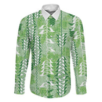 Green Hawaii Tapa Pattern Family Matching Off The Shoulder Long Sleeve Dress and Hawaiian Shirt With Heliconia Vintage Style LT05 Dad's Shirt - Long Sleeve Green - Polynesian Pride