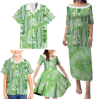 Green Hawaii Tapa Pattern Family Matching Puletasi and Hawaiian Shirt With Heliconia Vintage Style