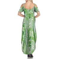 Green Hawaii Tapa Pattern Family Matching Summer Maxi Dress and Hawaiian Shirt With Heliconia Vintage Style LT05 - Polynesian Pride