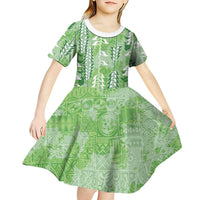 Green Hawaii Tapa Pattern Kid Short Sleeve Dress With Heliconia Vintage Style