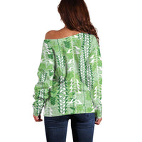 Green Hawaii Tapa Pattern Off Shoulder Sweater With Heliconia Vintage Style