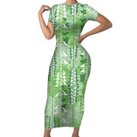 Green Hawaii Tapa Pattern Short Sleeve Bodycon Dress With Heliconia Vintage Style