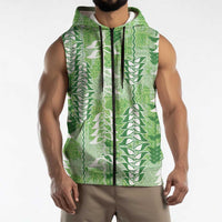 Green Hawaii Tapa Pattern Sleeveless Zip Hoodie With Heliconia Vintage Style