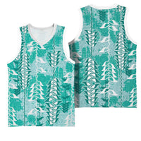Teal Hawaii Tapa Pattern Basketball Jersey With Heliconia Vintage Style