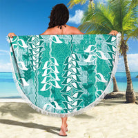 Teal Hawaii Tapa Pattern Beach Blanket With Heliconia Vintage Style