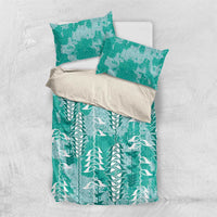 Teal Hawaii Tapa Pattern Bedding Set With Heliconia Vintage Style