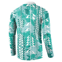Teal Hawaii Tapa Pattern Button Sweatshirt With Heliconia Vintage Style