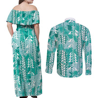 Teal Hawaii Tapa Pattern Couples Matching Off Shoulder Maxi Dress and Long Sleeve Button Shirt With Heliconia Vintage Style
