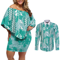 Teal Hawaii Tapa Pattern Couples Matching Off Shoulder Short Dress and Long Sleeve Button Shirt With Heliconia Vintage Style