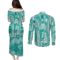 Teal Hawaii Tapa Pattern Couples Matching Puletasi and Long Sleeve Button Shirt With Heliconia Vintage Style