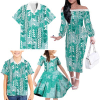 Teal Hawaii Tapa Pattern Family Matching Off The Shoulder Long Sleeve Dress and Hawaiian Shirt With Heliconia Vintage Style LT05 - Polynesian Pride
