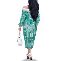 Teal Hawaii Tapa Pattern Family Matching Off The Shoulder Long Sleeve Dress and Hawaiian Shirt With Heliconia Vintage Style LT05 - Polynesian Pride