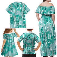 Teal Hawaii Tapa Pattern Family Matching Off Shoulder Maxi Dress and Hawaiian Shirt With Heliconia Vintage Style