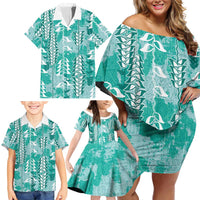 Teal Hawaii Tapa Pattern Family Matching Off Shoulder Short Dress and Hawaiian Shirt With Heliconia Vintage Style LT05 - Polynesian Pride
