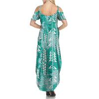 Teal Hawaii Tapa Pattern Family Matching Summer Maxi Dress and Hawaiian Shirt With Heliconia Vintage Style