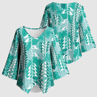 Teal Hawaii Tapa Pattern Kimono Sleeve Blouse With Heliconia Vintage Style