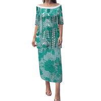 Teal Hawaii Tapa Pattern Puletasi With Heliconia Vintage Style