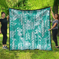 Teal Hawaii Tapa Pattern Quilt With Heliconia Vintage Style