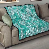 Teal Hawaii Tapa Pattern Quilt With Heliconia Vintage Style