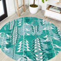 Teal Hawaii Tapa Pattern Round Carpet With Heliconia Vintage Style