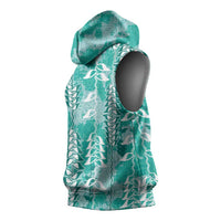 Teal Hawaii Tapa Pattern Sleeveless Hoodie With Heliconia Vintage Style