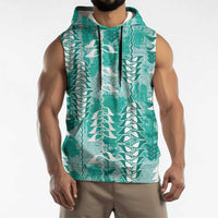 Teal Hawaii Tapa Pattern Sleeveless Hoodie With Heliconia Vintage Style