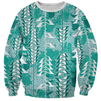 Teal Hawaii Tapa Pattern Sweatshirt With Heliconia Vintage Style